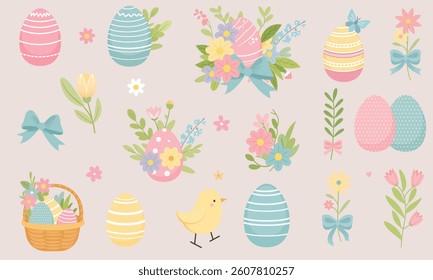 Spring Easter collection with cute bird, eggs and flowers. Vector isolates on a light pink background.