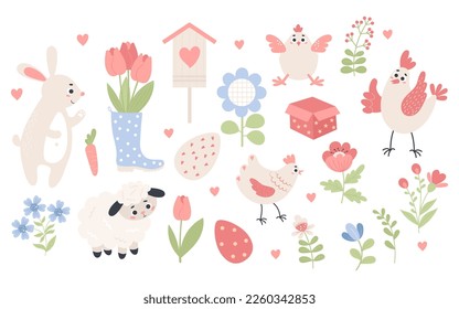 Spring Easter collection. Easter eggs, animals, insects and flowers. Vector illustration. Isolated holiday symbols in flat cartoon style for design, decor and kids collection.