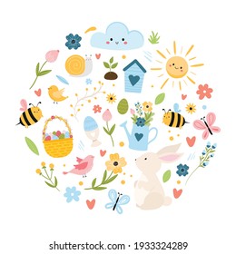 Colección Primavera y Pascua en marco redondo. Conejo, huevos, mariposas, abejas, sol, canasta con huevos, flores. Ilustración vectorial de estilo caricatura dibujada a mano. Springtime, elementos de diseño.
