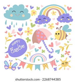 Spring easter collection stickers with animals. Easter animals characters set. Cute chick with clorful house, flover. Flat vector cartoon design.