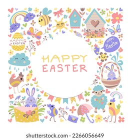 Spring easter collection stickers with rabbit, animals, bunny. Easter animals characters set. Cute rabbit and chick with calligraphy lettering. Flat vector cartoon design.