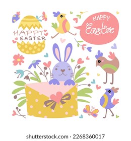 Spring easter collection stickers with rabbit, animals, bunny. Easter animals characters set. Cute rabbit and chick
with calligraphy lettering. Flat vector cartoon design.
