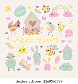 Spring easter collection stickers with rabbit, animals, bunny. Easter animals characters set. Cute rabbit and chick
with calligraphy lettering. Flat vector cartoon design.
