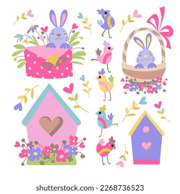 Spring easter collection stickers with rabbit, animals, bunny. Easter animals characters set. Cute rabbit and chick
with calligraphy lettering. Flat vector cartoon design.
