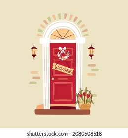 Spring Or Easter Concept. Decorated Entrance Door With Flowers And Easter Wreath. Traditional Spring Home Decoration. Vector Illustration