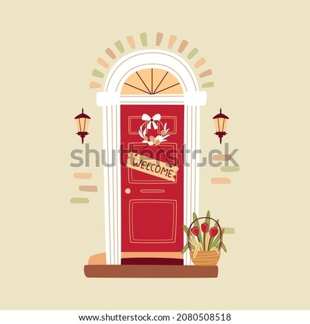 Spring or Easter concept. Decorated entrance door with flowers and easter wreath. Traditional Spring home decoration. Vector illustration