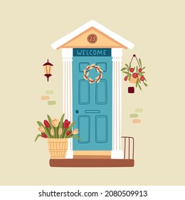 Spring Or Easter Concept. Decorated Vintage Entrance Door With Tulips And Spring Wreath. Traditional Spring Home Decoration. Vector Illustration