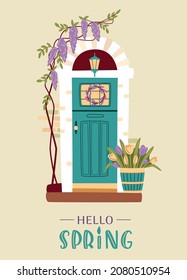 Spring Or Easter Concept. Decorated Vintage Entrance Door With Wisteria, Tulips And Spring Wreath. Traditional Spring Home Decoration. Hello Spring Lettering. Vector Illustration