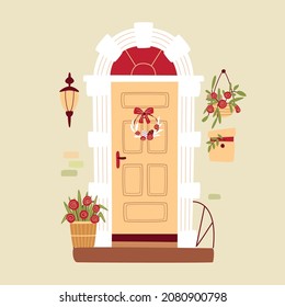 Spring Or Easter Concept. Decorated Vintage Entrance Door With Tulips And Spring Wreath. Traditional Spring Home Decoration. Vector Illustration