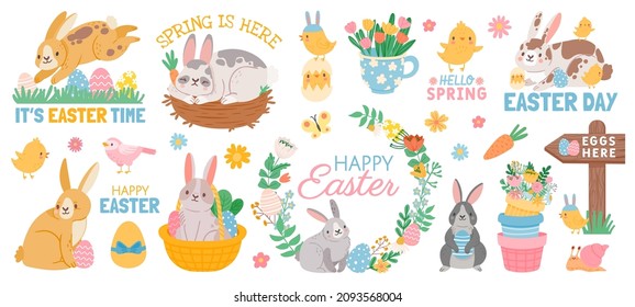 Spring easter cute animal characters and garden elements. Cartoon easter bunny with eggs in basket, flowers, chickens and birds vector set. Illustration of funny rabbit and bunny season