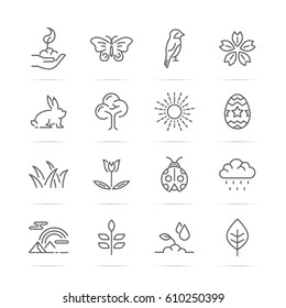 spring and easter day vector line icons, minimal pictogram design, editable stroke for any resolution