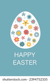 The spring Easter design depicts a vividly decorated Easter egg embellished with multicolored flowers that symbolize new life, bearing the inscription "Happy Easter," welcoming the luminous holiday

