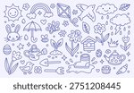Spring, Easter doodle collection with hand drawn line art garden elements, bunny, flower, rainbow, sun. Vector icons for gardening, weather, nature. Cute illustrations for kids cards. Editable stroke