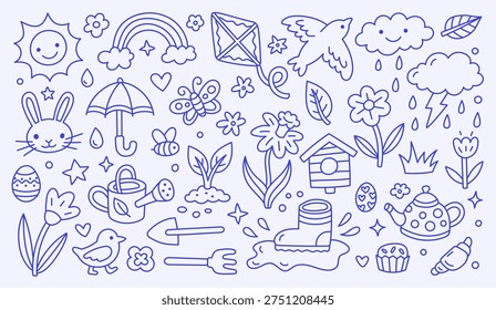 Spring, Easter doodle collection with hand drawn line art garden elements, bunny, flower, rainbow, sun. Vector icons for gardening, weather, nature. Cute illustrations for kids cards. Editable stroke