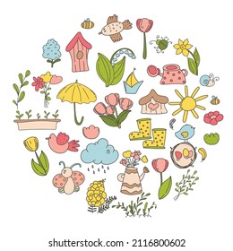 Spring and Easter doodle collection. Easter spring set with cute eggs, birds, bees, butterflies. Hand drawn flat cartoon elements in circular frame