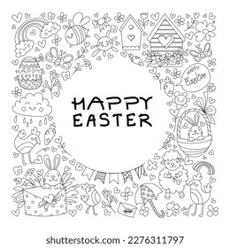 Spring easter doodle collection stickers with rabbit, animals, bunny. Easter animals characters set. Cute rabbit and chick with calligraphy lettering. Flat vector cartoon design.