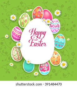 Spring easter eggs and flowers.  Background for design card, banner,ticket, leaflet and so on.Template page with handwritten inscription Happy Easter. Holiday card. Place for text.