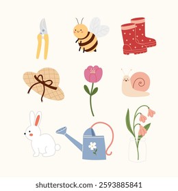 Spring and Easter elements in hand drawn flat style. Cute gardening pack.
