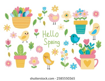 Spring and Easter elements vector illustration. Bird and flower collection for Easter decorations.