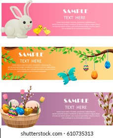 Spring and easter festive web banners set. Cute bunny, little chickens, fairy butterfly, wicker basket with sweets and flowers vectors. Horizontal concepts with springtime symbols and sample text