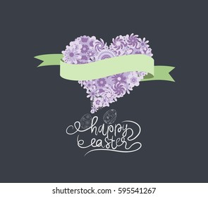 Spring and Easter with flower heart and ribbon banner in purple