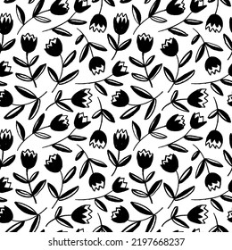 Spring and Easter flowers seamless pattern. Hand-drawn black tulips with buds silhouettes. Abstract geometric retro flowers and leaves. Naive simple stylized style, cute floral motif. Vector ornament.