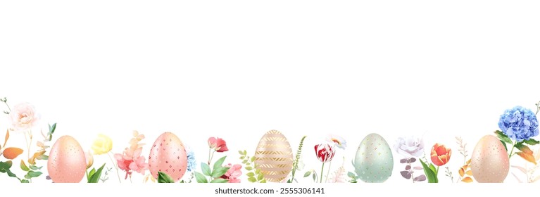 Spring Easter garden greenery banner with leaves and flowers. Spring tulips, hydrangea, rose, hyacinth, wildflowers and plants. Easter Eggs decor. Vector card. All elements are isolated and editable.