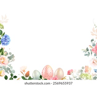 Spring Easter garden greenery banner with leaves and flowers. Spring tulips, hydrangea, rose, hyacinth, wildflowers and plants. Easter Eggs decor. Vector card. All elements are isolated and editable.