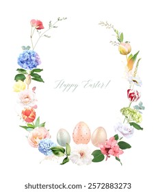 Spring Easter garden greenery banner with leaves and flowers. Spring tulips, hydrangea, rose, hyacinth, wildflowers and plants. Easter Eggs decor. Vector card. All elements are isolated and editable.
