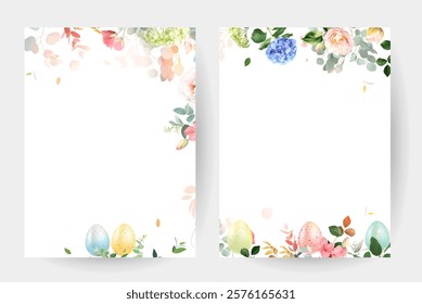 Spring Easter garden greenery banner with leaves and flowers. Spring tulips, hydrangea, rose, hyacinth, wildflowers and plants. Easter Eggs decor. Vector card. All elements are isolated and editable.