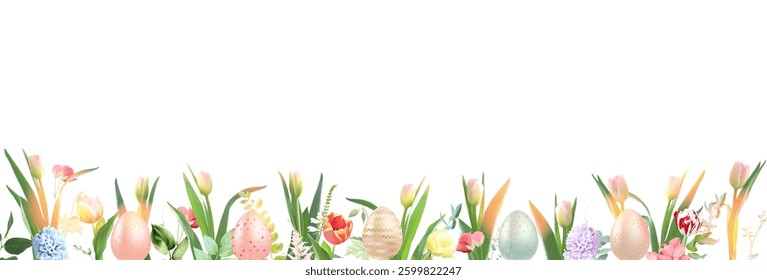 Spring Easter garden greenery banner with leaves and flowers. Spring tulips, hydrangea, rose, hyacinth, wildflowers and plants. Easter Eggs decor. Vector card. All elements are isolated and editable.