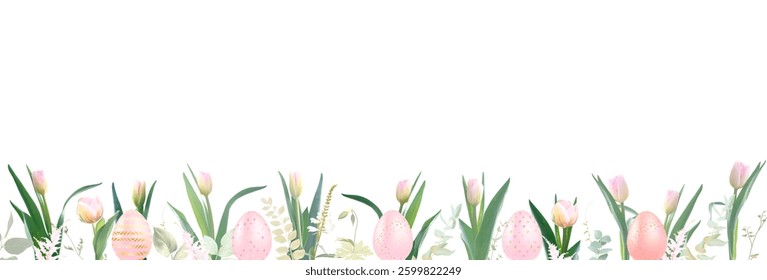 Spring Easter garden greenery banner with leaves and flowers. Spring blush pink tulips, astilbe, wildflowers and plants. Pastel easter Eggs decor. Vector card. All elements are isolated and editable.