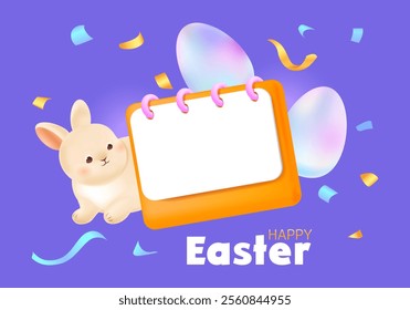 Spring Easter greeting card with 3D bunny, flip calendar, holographic coloring eggs and confetti. Template for sale offer. Holiday design ring calendar with copy space for text. Vector illustration