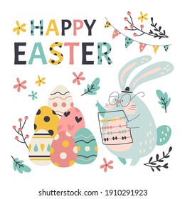 Spring easter greeting card with funny bunny and decorated eggs and lettering - happy easter. Vector illustration.