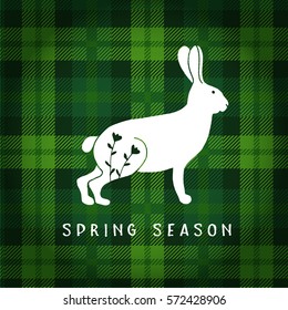 Spring or Easter greeting card, invitation. Illustration of white hare or rabbit. Tartan checkered plaid, vector illustration background.
