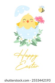 Spring and easter greeting card or poster with cute bird, egg, flowers, and lettering. Vector illustration.