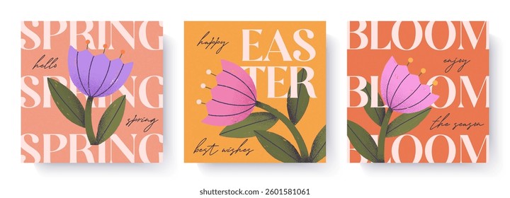 Spring and Easter greeting card templates.Trendy designs with bold typography and hand drawn blooming flowers.Seasonal illustrations for spring holiday decor,prints,invitations,offers,covers