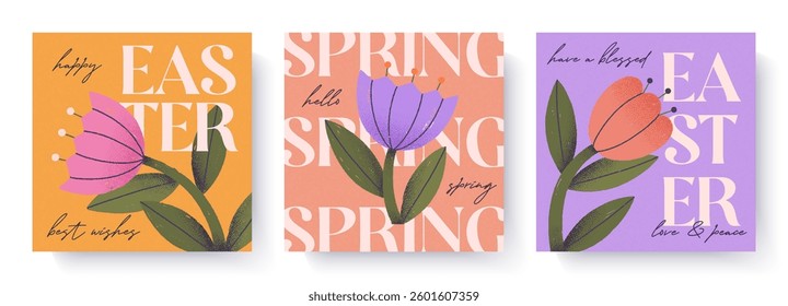 Spring and Easter greeting card templates.Trendy designs with bold typography and hand drawn blooming flowers.Seasonal illustrations for spring holiday decor,prints,invitations,offers,covers