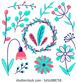 Spring easter hand-drawn decor elements. Set of elements from flowers, tulips, leaves, wreath, sun, bow. Set of cute decorative easter items for design of cards, print.