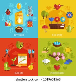 Spring easter holiday items blooming flowers and gardening tools 2x2 flat icons set on colorful background isolated vector illustration