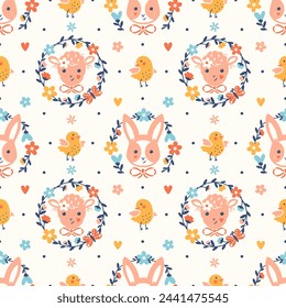 Spring, Easter holiday seamless pattern. Neat and clean vector background with little funny animals, birds and wreaths of flowers. Wrapping paper, background or light decorative textile products