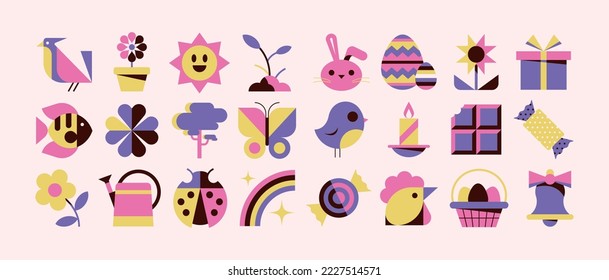 Spring and Easter icon set. Nature symbol collection. Flat vector illustration. Plant and animal icons. Cute spring pictograms. Joyful and colorful isolated elements. Soft colors. Minimal and graphic.