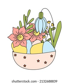 Spring Easter illustration, bowl of flowers and eggs