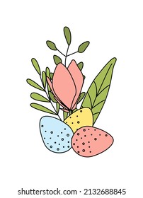 Spring Easter illustration, floral composition flat style