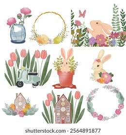 Spring, Easter illustration pack with transparent background. Easter eggs, rabbits, flowers wreaths, frames and patterns