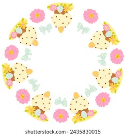 Spring Easter Illustration. Vector Easter cakes and flowers illustration mandala. Cute element for greeting cards, posters, stickers and seasonal design. Isolated on white background.