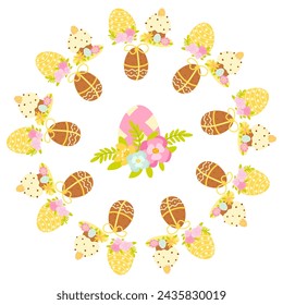 Spring Easter Illustration. Vector Easter cakes and Easter eggs illustration mandala. Cute element for greeting cards, posters, stickers and seasonal design. Isolated on white background.