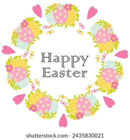Spring Easter Illustration. Vector Easter eggs and flowers illustration mandala. Cute element for greeting cards, posters, stickers and seasonal design. Isolated on white background.