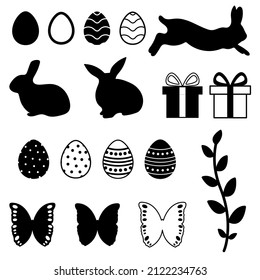 Spring Easter isolated icons set. Black elements Easter eggs, rabbits, butterflies, plants, gift boxes. Vector illustration.