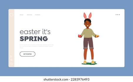 Spring Easter Landing Page Template. Child in Rabbit Ears Holds Colorful Easter Eggs In Hands. Concept of Spirit Of Easter For Promoting Easter-themed Products. Cartoon People Vector Illustration